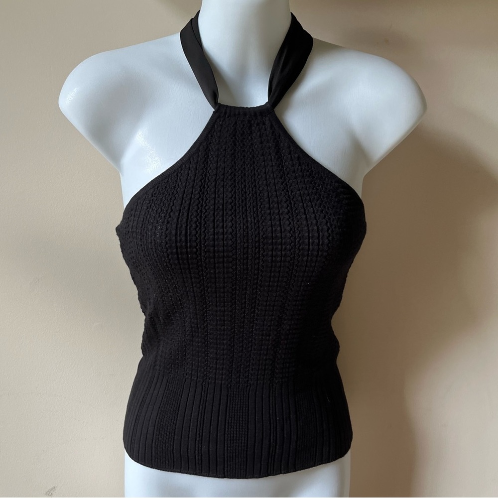 Beth Bolli, small NWOT black knit halter crop with bow tie back cotton small